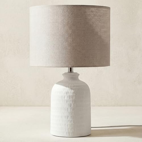 Nourison Home 24" White Textured Ceramic Table Lamp with Tan Linen Shade, Modern Accent Lamp, Bedside Lamp for Bedroom, Nightstand, Living Room