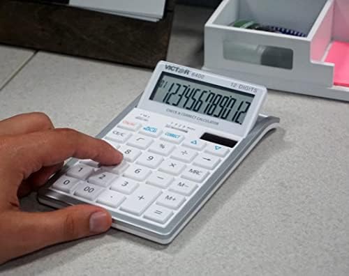 Victor 12-Digit Battery/Solar Desktop Calculator, Twelve-Digit Tilt LCD Display, White Simple Calculator with Silver Accents (6400)