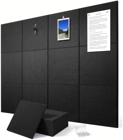 Felt Wall Tiles Bulletin Board Large Cork Board Alternative 12 Pack 11.81”x11.81”x0.47” Felt Pin Board Tack Board with Safe Removable Adhesive Tabs for Home Office School 48x36(Black)