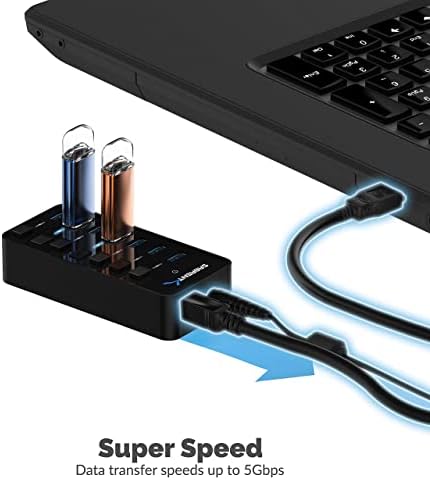 36W 7 Port USB 3.0 Hub with Individual Power Switches and LEDs Includes 36W 12V/3A Power Adapter+USB 3.0 Extension Cable A Male to A Female [Black] 3 Feet