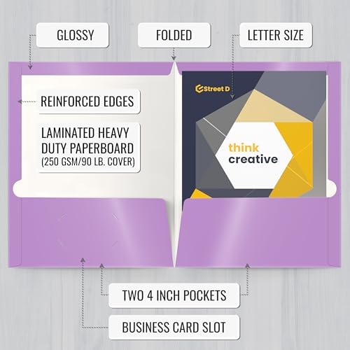 Better Office Products 2 Pocket Glossy Laminated Lavender Paper Folders, Box of 25, Letter Size, Lavender Light Purple Paper Portfolios, 25 Pack