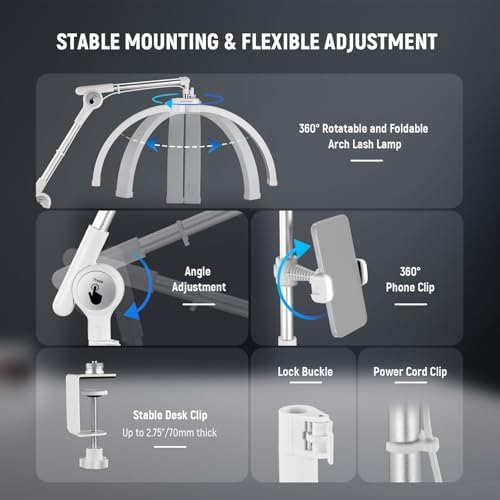 NEEWER Basics 22" Half Moon Lash Light with Articulating Desk Clamp Mount Stand/Phone Holder, 32W Foldable LED Nail Tech Table Arc Lamp for Makeup Beauty Tattoo Overhead Video Recording, HM03-D