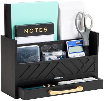 Mind Reader 5-Compartment Desktop Organizer, Rustic Wooden Storage Rack with Drawer for Papers, Accessories, and Office Supplies, 12.5" L x 4.25" W x 7.5" H, Black