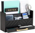 Mind Reader 5-Compartment Desktop Organizer, Rustic Wooden Storage Rack with Drawer for Papers, Accessories, and Office Supplies, 12.5" L x 4.25" W x 7.5" H, Black