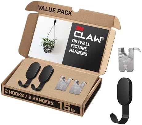 3M CLAW 15 lb. 2 Drywall Black Hooks & 2 Extra Picture Hangers, Heavyweight Hanging Solution for Backpacks, Jackets, Pictures and Room Decor, Cute Wall Hooks - 4 Pack