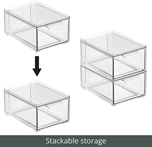 mDesign Stackable Storage Containers Box with Pull-Out Drawer - Stacking Plastic Drawers Bins for Kitchen Pantry and Cupboard, Cabinet, Counter, Island and Tables - Lumiere Collection - 4 Pack - Clear