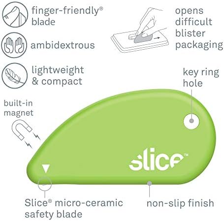 Slice 00100 Ceramic Blade Safety Cutter, Opens Clamshell Packaging, Coupon Cutter, Trim Photos, Scrapbooking, Fits Keychain, Green