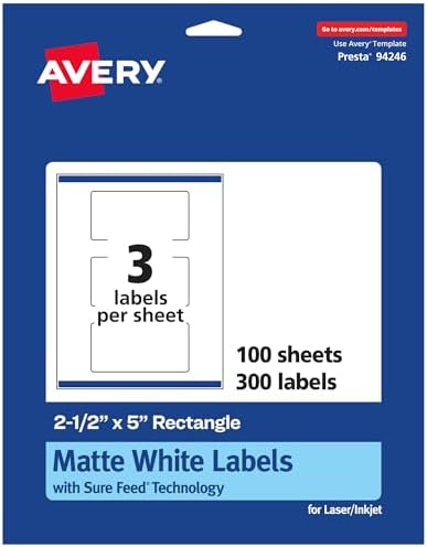 Avery® Matte White Rectangle Labels, Sure Feed® Technology, 2.5" x 5", 300 Matte White Printable Labels