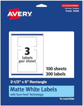 Avery® Matte White Rectangle Labels, Sure Feed® Technology, 2.5" x 5", 300 Matte White Printable Labels