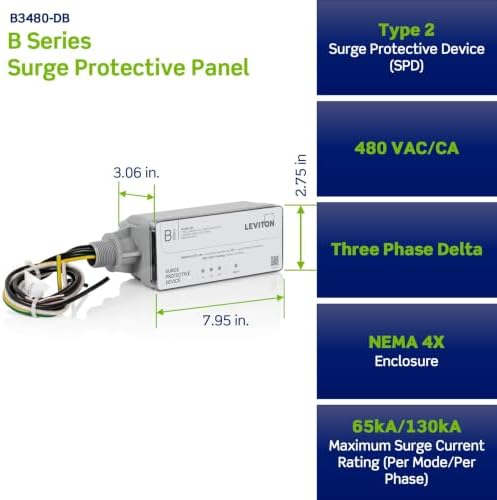 Leviton Type 2 Surge Protective Panel, 480 VAC, Three Phase Delta, 130kA per Phase, B3480-DB