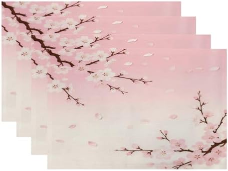 Batmerry Pink Cherry Blossom Linen Placemats Set of 4, Delicate Spring Blossoms Washable Table Mats for Kitchen Table Thickened Heat Insulation Dining Set Indoor Outdoor 12X18 in