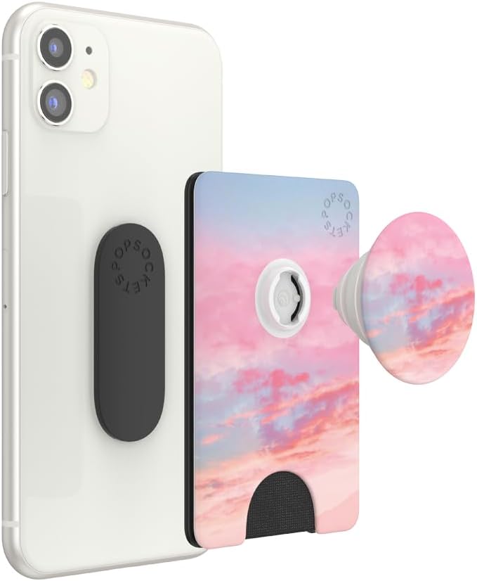 PopSockets Adhesive Phone Wallet with Grip- Pink Clouds | PopWallet, Holds 3-5 Cards, Swappable Top, Kickstand, Pink, Phone, Women
