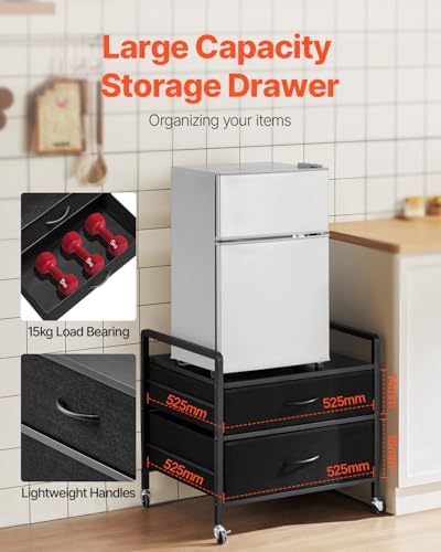 VEVOR Mini Fridge Stand with Storage, 176 lb-Capacity Mini Fridge Table with 2 Drawers & 4 Swivel Wheels, Mobile Mini Fridge Shelf, Black Mini Fridge Organizer for Dorm, Apartment, Office, Bedroom