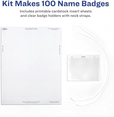 Avery Customizable Name Badges, 3" x 4", Laser/Inkjet Printable Inserts, 100 Name Tag Holders with Cords (74459)