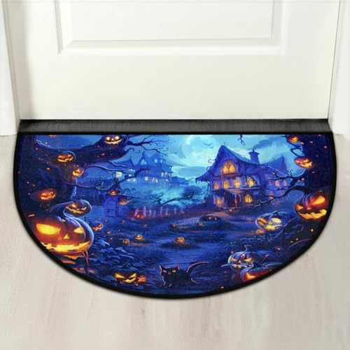 Halloween Pumpkin Moon Half Round Door Mat Non Slip Washable Halloween Semi Circle Area Rug Absorbent Soft Half Moon Rug Floor Mat for Kitchen Indoor Outdoor Bathroom Patio Front Door Mat Decor
