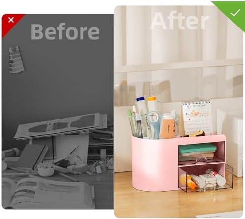 Marbrasse Small Desk Organizer with Drawer, Multi-Functional Pen Pencil Holder Storage Box, Desk Organizers and Accessories with 4 Compartments + 2 Drawer for Office Art Supplies(Pink)
