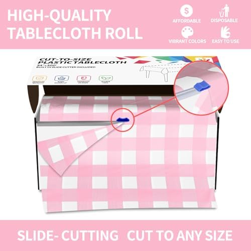 CXPSINC 54 Inch X 300 Feet Plastic Table Cover Roll Disposable Tablecloth with Slide Cutter for All Type/Shape Tables | Party, Banquet, Birthdays, Weddings(Pink Checkered, 300 Feet)
