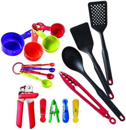 Farberware 17 Piece Kitchen Tool and Gadget Set - Essential Cooking Utensils Set with Turner, Slotted Spoon, Can Opener, Measuring Cups and Spoons - Dishwasher Safe, Non-Stick Safe - Black