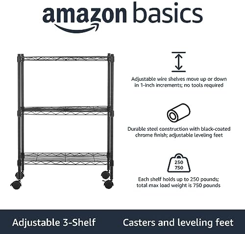Amazon Basics 3-Shelf Adjustable Heavy Duty Storage Shelving Unit on 2" Wheels, Metal Wire Rack for Garage, Utility Shelving with Leveling Feet, 23.2"L x 13.4"W x 32.75"H, Black