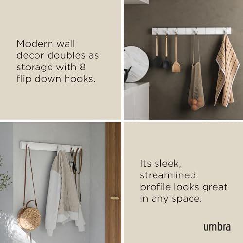 Umbra Flip Coat Rack, Wall Mount 8-Hook, Space Saving, White/Nickel