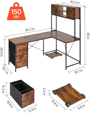VEVOR L-Shaped Gaming Desk with LED Lights, 62.2-inch Reversible Corner Computer Desk with Power Outlets, Movable CPU Stand & Storage Drawers, Modern Stylish PC Gaming Table for Home Office