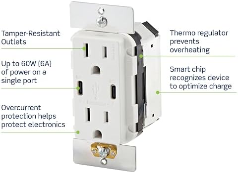 Leviton 60W (6A) USB Dual Type-C/C Power Delivery in-Wall Charger with 15A Tamper-Resistant Outlet, USB Charger for Smartphones, Tablets, Laptops, T5636-W, White