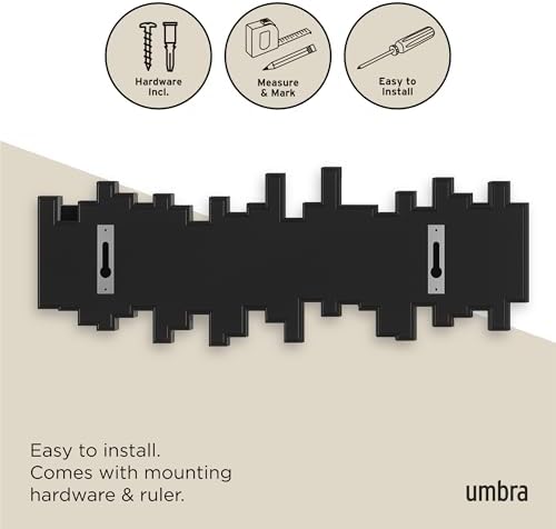Umbra Sticks Wall Mount Coat Rack, 5 Hook Retractable Pegs, Black