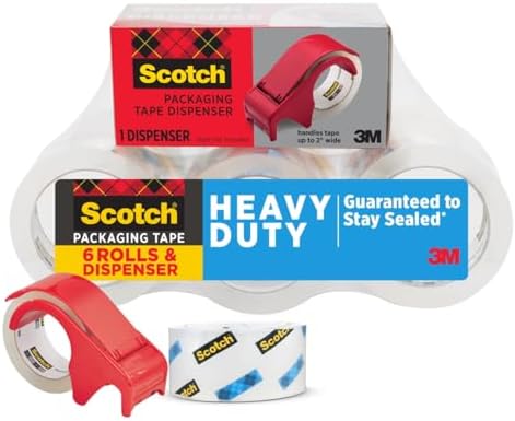 Scotch Heavy Duty Shipping Packing Tape, Clear, Shipping and Packaging Supplies, 1.88 in. x 54.6 yd., 6 Tape Rolls with 1 Dispenser