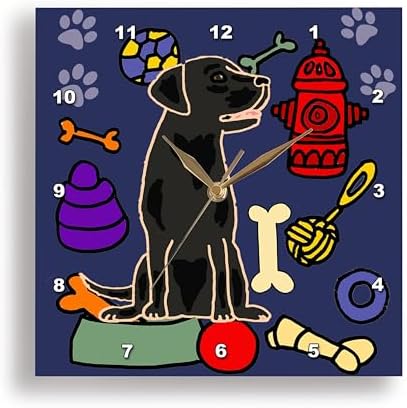 3dRose Wall Clock Silent - 13 inch - Funny Cute Black Labrador Retriever Puppy Dog and Dog Toys Cartoon - Pets