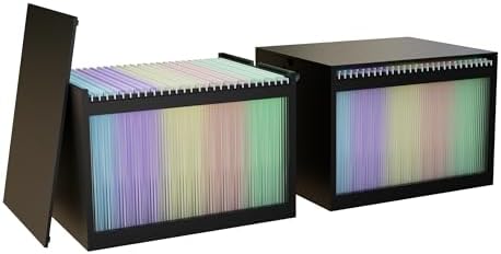 Bamboo Hanging File Organizer, Desktop File Box with Lids, 2 Pack, Black | Removable Lid, Clear Acrylic Side Panels, 4 Hanging Folders Included, Helps Reduce Dust, Letter & Legal Size, Easy Assembly