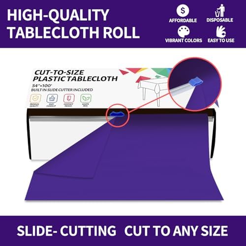 CXPSINC 54 Inch X 100 Feet Plastic Table Cover Roll Disposable Tablecloth with Slide Cutter for All Type/Shape Tables | Party, Banquet, Birthdays, Weddings(Dark Purple, 100 Feet)