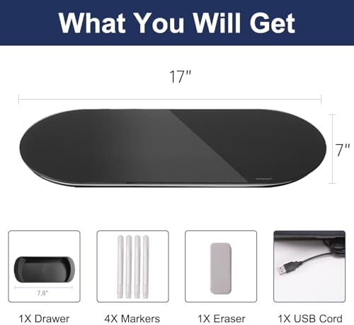 TSJ OFFICE Glass Desktop Whiteboard - 17 X 7 Inches Black Board Green Light