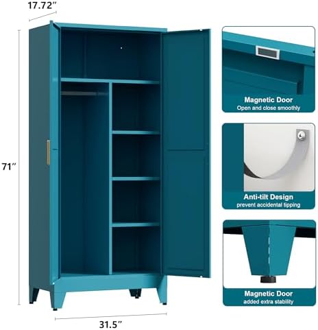 Washsemba 71'' Farmhouse Metal Wardrobe Cabinet with Hanging Rod, 2 Barn Door Wardrobe Closet with 5 Adjustable Shelves,Drawer,for Dining Room,Bedroom,Living Room, Cloak Room,Office (Peacock Blue)