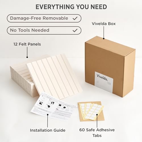 VIVELDA Felt Bulletin Board Tiles 48"x36" - 12-Pack Cork Board Alternative, OEKO-TEX Certified, NRC 0.95 Acoustic Felt Wall Panels, Damage-Free Adhesive, Slatted Design Home Office & Classroom (Linen)
