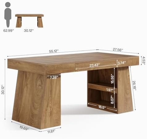Tribesigns 55-Inch Executive Desk with Drawer, Large Office Computer Desk with Double Pedestal and Storage Shelves, Farmhouse Wooden Writing Table Workstation Business Furniture for Home Office, Brown