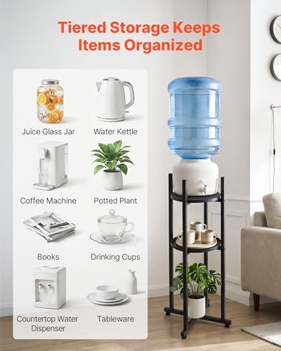 VEVOR Water Dispenser Stand, 5 Gallon Water Jug Stand, Heavy Duty Jug Rack Organizer with Detachable Storage Shelf, Handle, Cross-Shaped Stable Base, for Kitchen, Office, Living Room, Gym, Black
