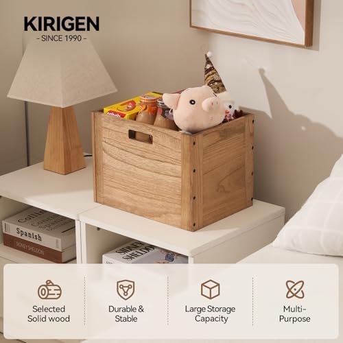 KIRIGEN Stackable Wood Storage Cube with Handles, Open Cubby Bin, Brown