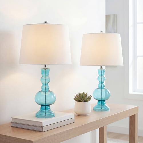 JONATHAN Y Genie 28.5" Glass Table Lamp, Aqua, Set of 2