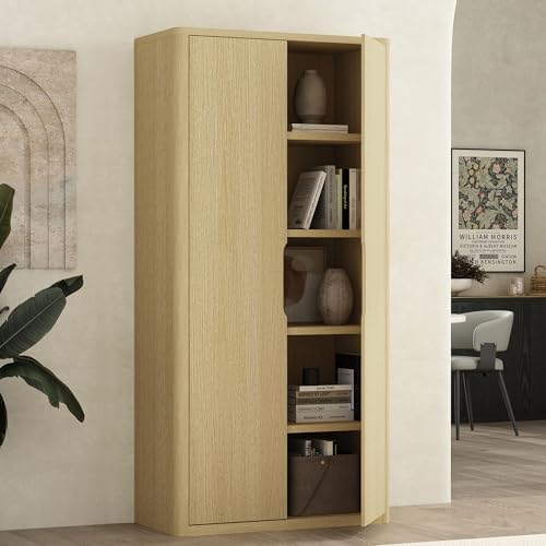 Manhattan Comfort Rivington Bookshelf 79 in Tall 5-Tier Bookcase with Soft Close Doors, Modern Storage Cabinet, Handle-Free, Round Corner Design for Living Room, Bedroom, or Home Office in Natural Oak