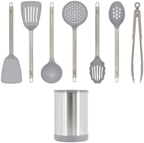 Glad Kitchen Utensils Set, 8pcs - Nonstick Cooking Tools with Stainless Steel Handles & Rotating Utensil Holder - Turners, Ladle, Spoon, Tongs, Spaghetti Server, and Skimmer - Dishwasher Safe, Grey