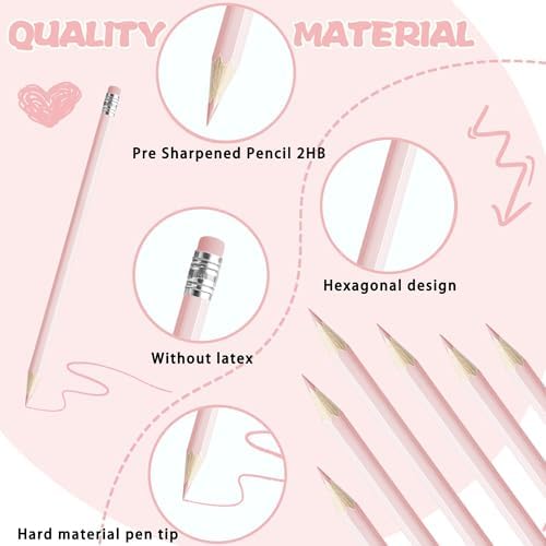 36 PCS Macaron Pink Colored Pencils with Eraser Pre Sharpened Pencil 2 HB - Ideal for Checking, Grading, Tests & Office/School Supplies