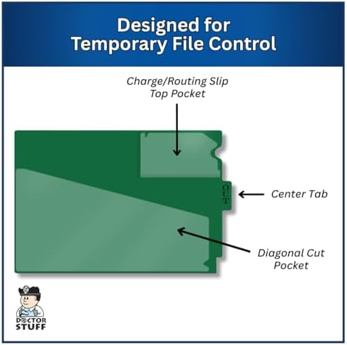 Doctor Stuff - Center Tab Vinyl Outguides, Diagonal Cut Front Pocket, Top Charge Out Slip Pocket, Plastic File Folder, Letter Size 9" x 13-1/4", Green, 25/Box