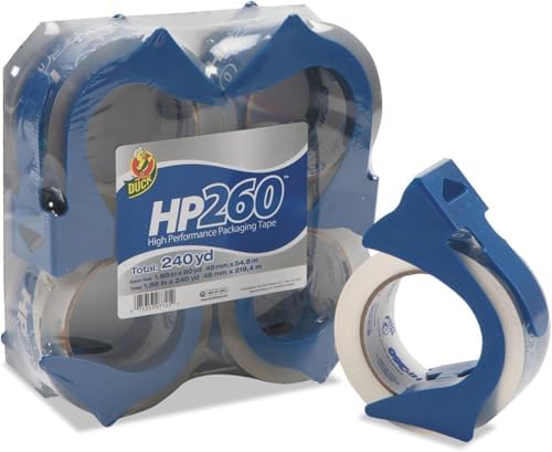 Duck High Performance Clear Packing Tape Dispensers - 4 Rolls of HP260 Strong Packaging Tape for Shipping, Moving, Mailing & Storage Boxes - 3" Core, 1.88 Inch x 60 Yards, Clear (847667)