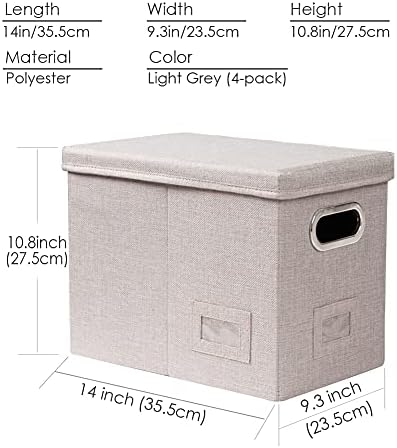 PRANDOM File Organizer Box - Set of 4 Collapsible Decorative Linen Filing Storage Hanging File Folders with Lids Office Cabinet Letter Size Light Grey (14x9.3x10.8 inch)