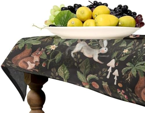 Cartoon Woodland Tablecloth, Watercolor Rustic Forest Wild Animals Bunny Rabbit Squirrel Mushroom Plants Print Table Cloth for Indoor Outdoor Dining Table Party Picnic Decor 55x55in