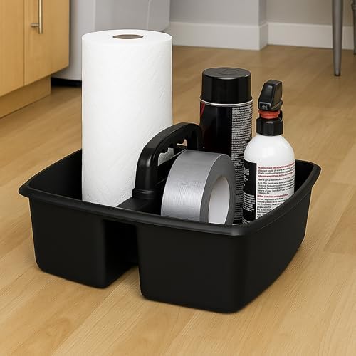 Storex 2-Compartment Large Cleaning Caddy – Multipurpose Supply Organizer with Handle, Black, 6-Pack (00973E06C)