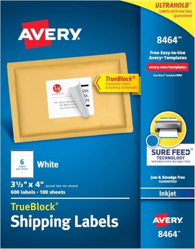 Avery Printable Shipping Labels, Sure Feed Technology, 3-1/3" x 4", White, 600 Blank Mailing Labels (8464) (Pack of 5)