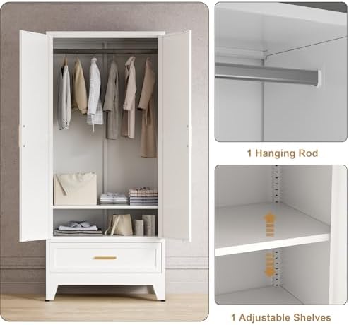 Washsemba 71'' Farmhouse Metal Wardrobe Cabinet with Hanging Rod, 2 Barn Door Wardrobe Closet with Adjustable Shelves,Drawer,for Dining Room,Bedroom,Living Room, Cloak Room,Office (White)