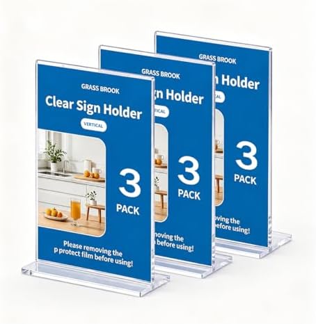 3 Pack 8.5x11 Clear Acrylic Sign Holder, Clear Display, Stand By Straight or Tilted, Vertical Double-Sided Desktop Picture Frame, Menu Holder, Certificate Frame