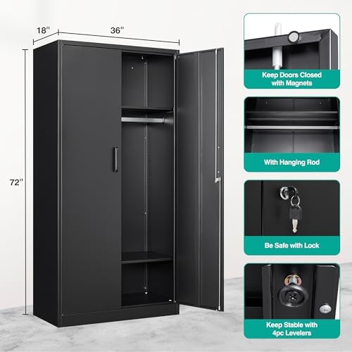 Metal Wardrobe Cabinet with Hanging Rod & Lock,Black Armoire Wardrobe Closet,Metal Clothing Storage Cabinet with Adjustable Shelves and Doors,72" Amroire Storage Cabinets for Home,Living/Laundry Room